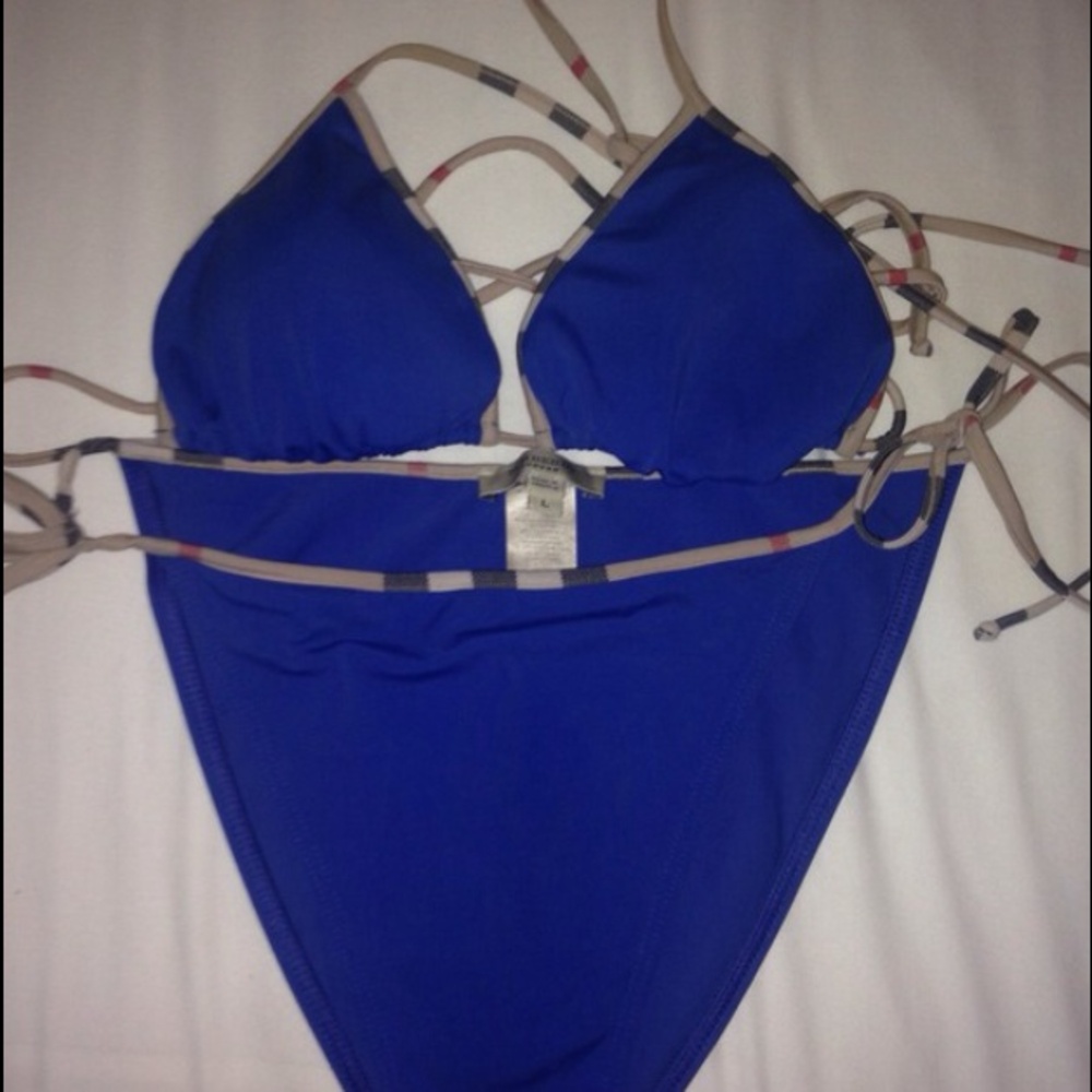 Burberry Cobalt Blue Triangle Bikini with Signature Check Straps